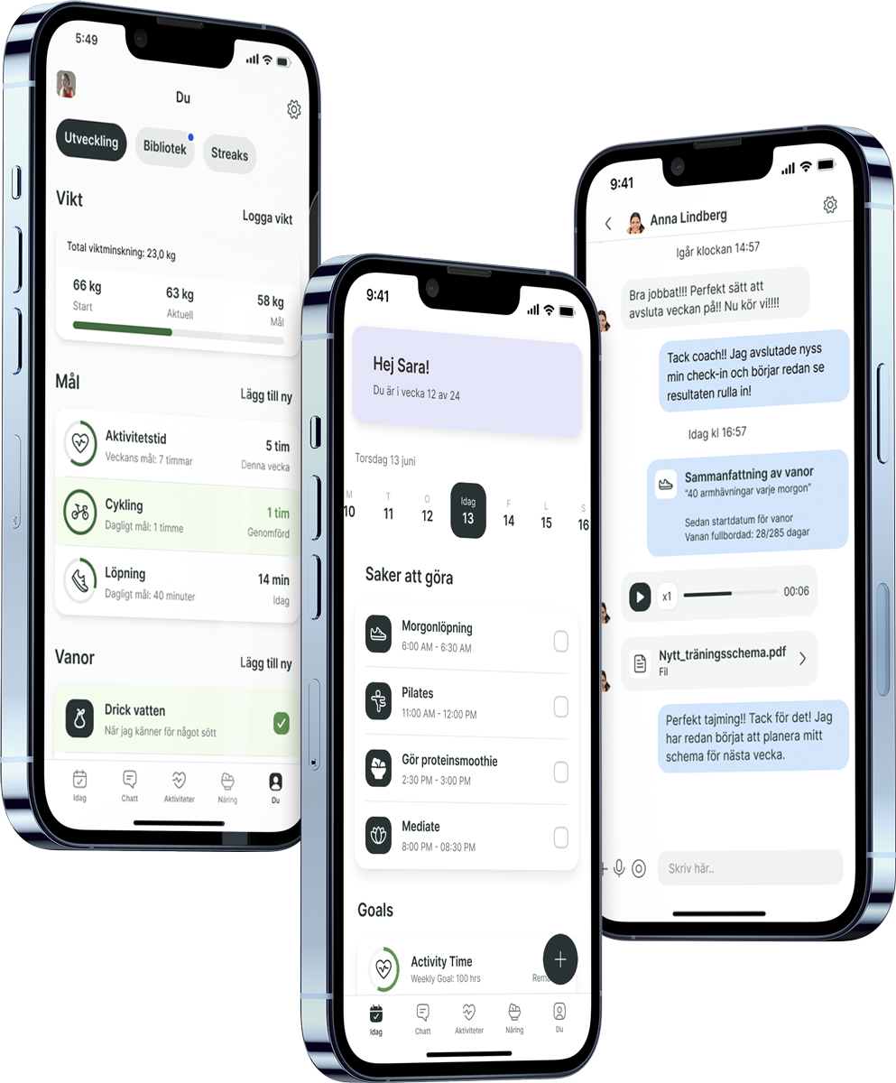 En mockup av coaching-appen som visar funktionerna.